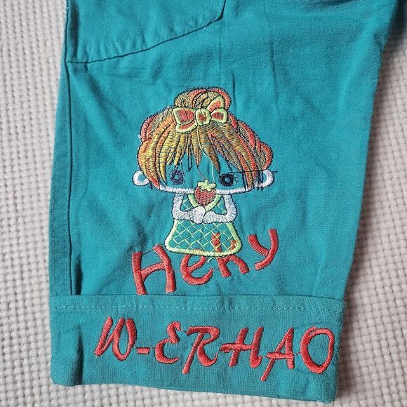 Vintage Kawaii Canvas 2T Pants Toddler Blue Elastic Tie Waist Embroidered Doll - Picture 4 of 9